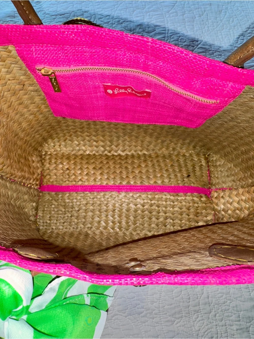 Lilly Pulitzer for Target Hot Pink Straw Tote with Brown Handles & Green Scarf - Picture 6 of 7